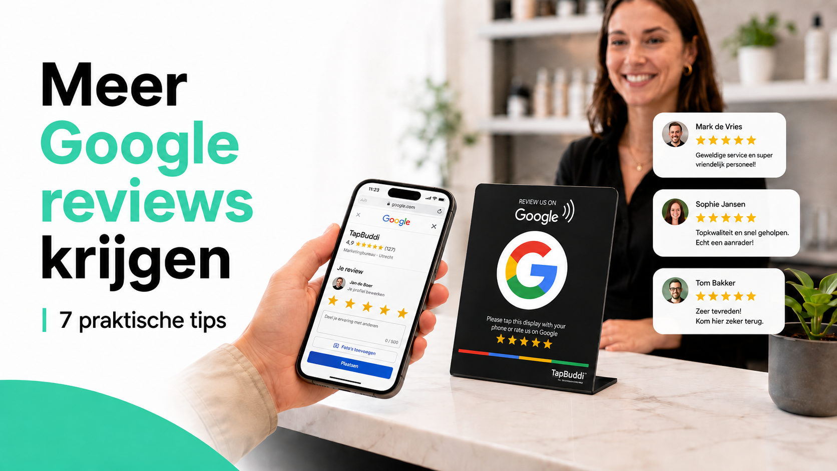 Klant opent met de TapBuddi Review Booster de Google-reviewpagina op een smartphone