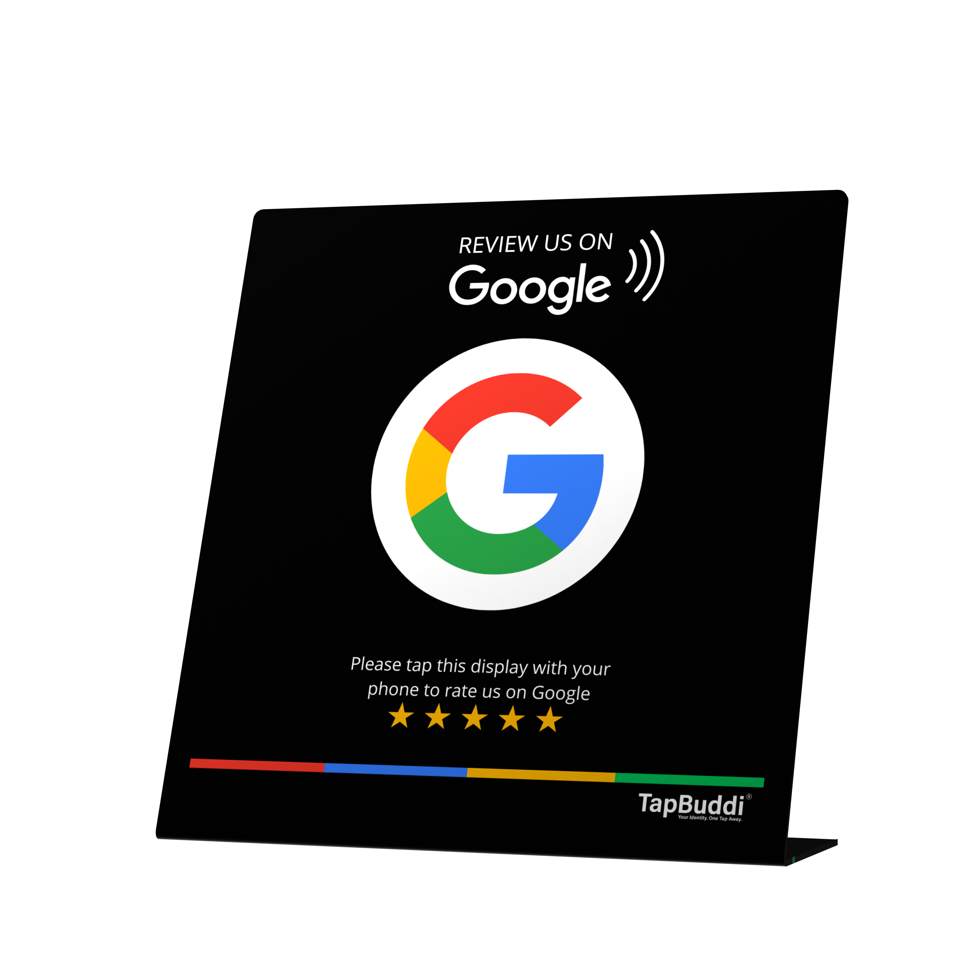 Zwart TapBuddi display met Google logo voor het verzamelen van reviews op je Google Bedrijfsprofiel