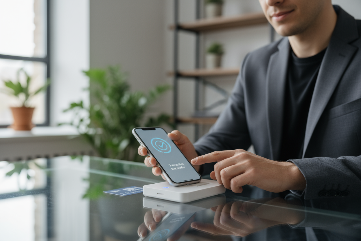 graag realistische beelden met personen die connecten met nfc